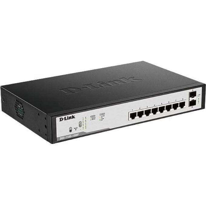 Настраиваемый L2 коммутатор D-LINK с 8 портами 10/100/1000Base-T и 2 портами 1000Base-X SFP (8 портов PoE 802.3af/at, PoE-бюджет 130 Вт) DGS-1100-10MPV2/A3A