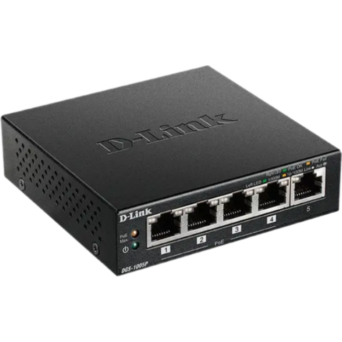 Неуправляемый коммутатор D-LINK с 5 портами 10/100/1000Base-T (4 порта PoE 802.3af/at, PoE-бюджет 60 Вт) DGS-1005P/B3A